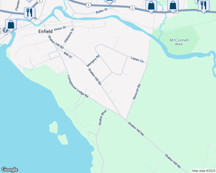 map of restaurants, bars, coffee shops, grocery stores, and more near 151 Shaker Hill Road in Enfield