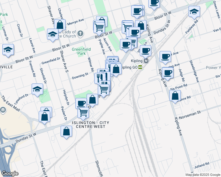 map of restaurants, bars, coffee shops, grocery stores, and more near in Etobicoke