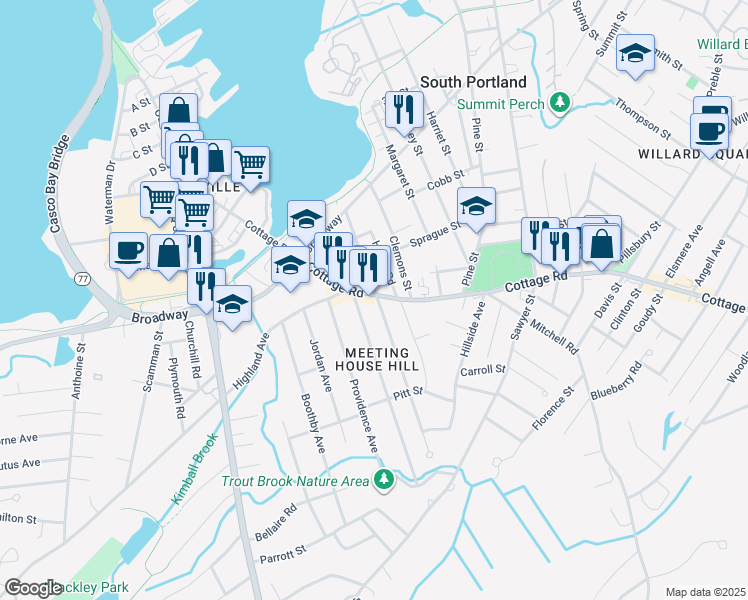 map of restaurants, bars, coffee shops, grocery stores, and more near 186 Cottage Road in South Portland