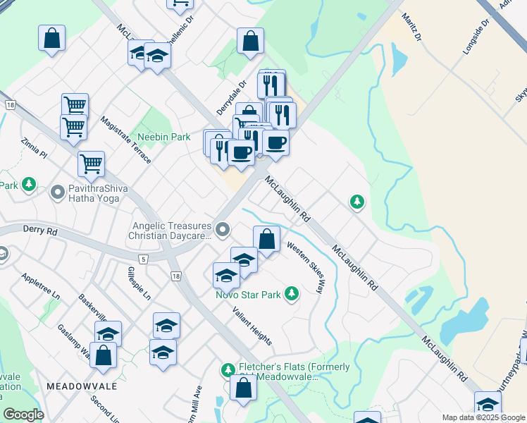map of restaurants, bars, coffee shops, grocery stores, and more near 525 Novo Star Drive in Mississauga