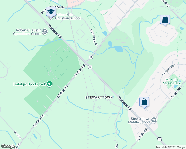 map of restaurants, bars, coffee shops, grocery stores, and more near 11340 Trafalgar Road in Halton Hills