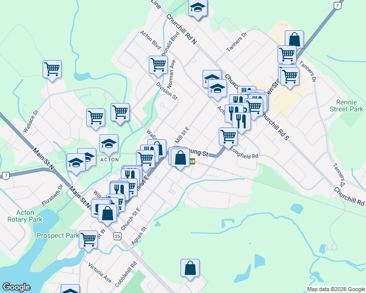 map of restaurants, bars, coffee shops, grocery stores, and more near 13 Young Street in Acton