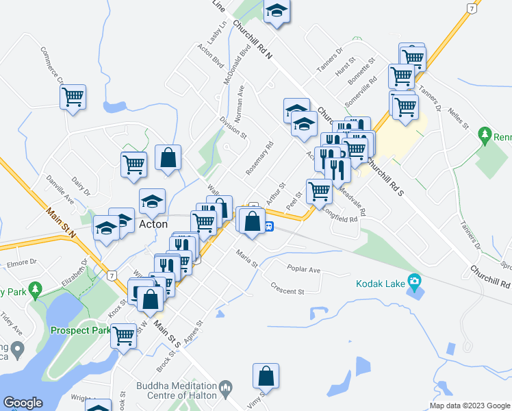 map of restaurants, bars, coffee shops, grocery stores, and more near 13 Young Street in Acton