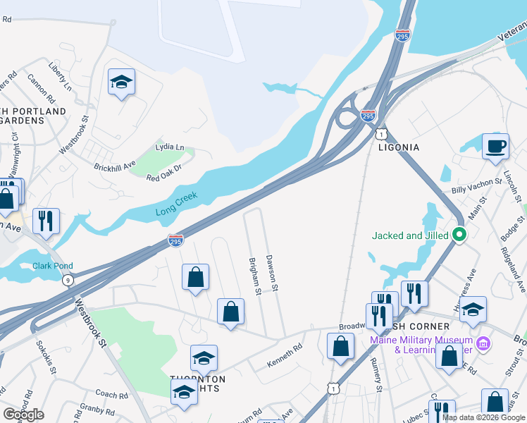 map of restaurants, bars, coffee shops, grocery stores, and more near 14 Dawson Street in South Portland