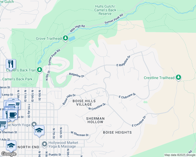 map of restaurants, bars, coffee shops, grocery stores, and more near 2328 North Towerview Lane in Boise