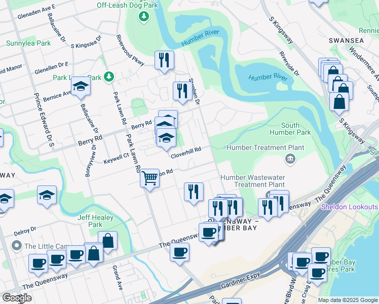 map of restaurants, bars, coffee shops, grocery stores, and more near Cloverhill Road in Toronto