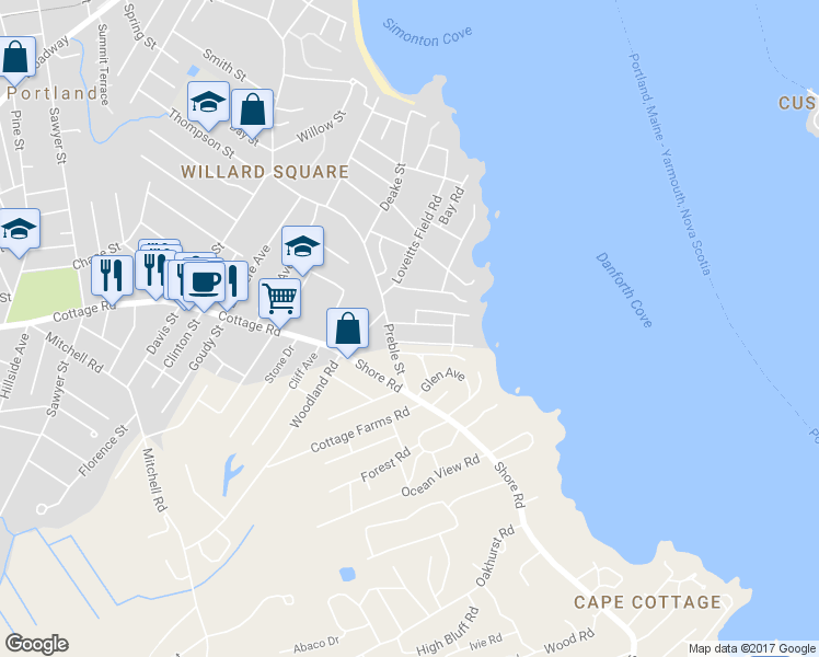map of restaurants, bars, coffee shops, grocery stores, and more near 38 Danforth Road in South Portland