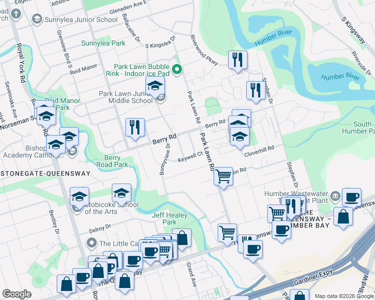 map of restaurants, bars, coffee shops, grocery stores, and more near in Toronto