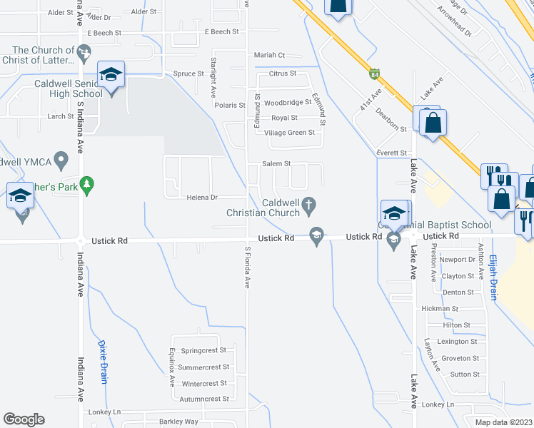 map of restaurants, bars, coffee shops, grocery stores, and more near 3916 Olympia Drive in Caldwell