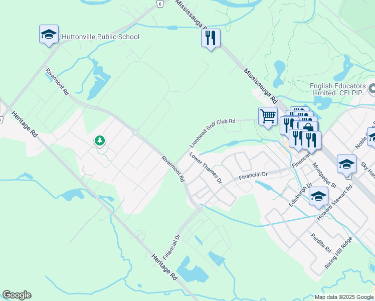 map of restaurants, bars, coffee shops, grocery stores, and more near Lionhead Golf Club Road in Brampton