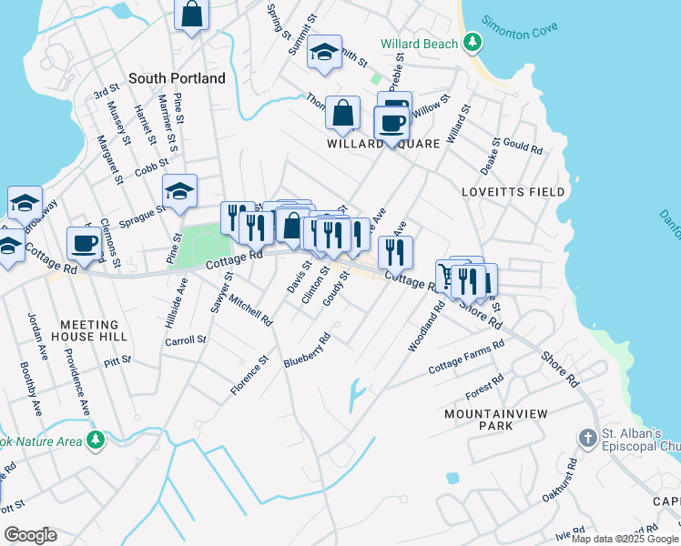 map of restaurants, bars, coffee shops, grocery stores, and more near 3 Goudy Street in South Portland