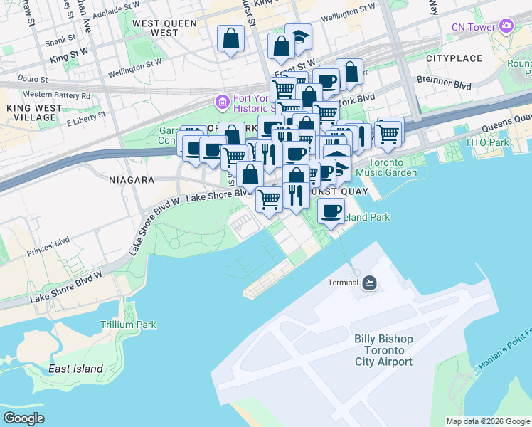 map of restaurants, bars, coffee shops, grocery stores, and more near in Toronto