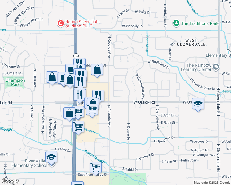 map of restaurants, bars, coffee shops, grocery stores, and more near 13351 West Broadleaf Street in Boise