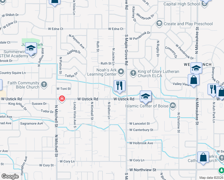 map of restaurants, bars, coffee shops, grocery stores, and more near 3344 North Dalton Lane in Boise