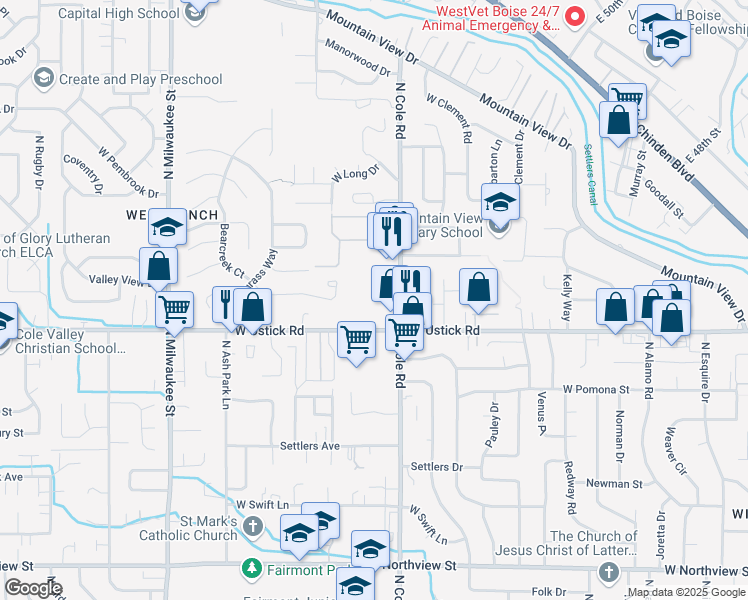 map of restaurants, bars, coffee shops, grocery stores, and more near 3383 North Cole Road in Boise