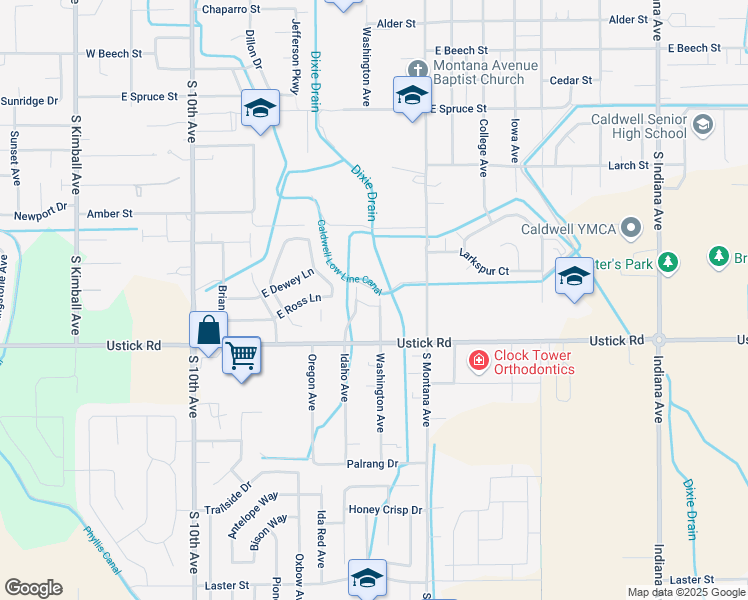 map of restaurants, bars, coffee shops, grocery stores, and more near 3912 Washington Avenue in Caldwell