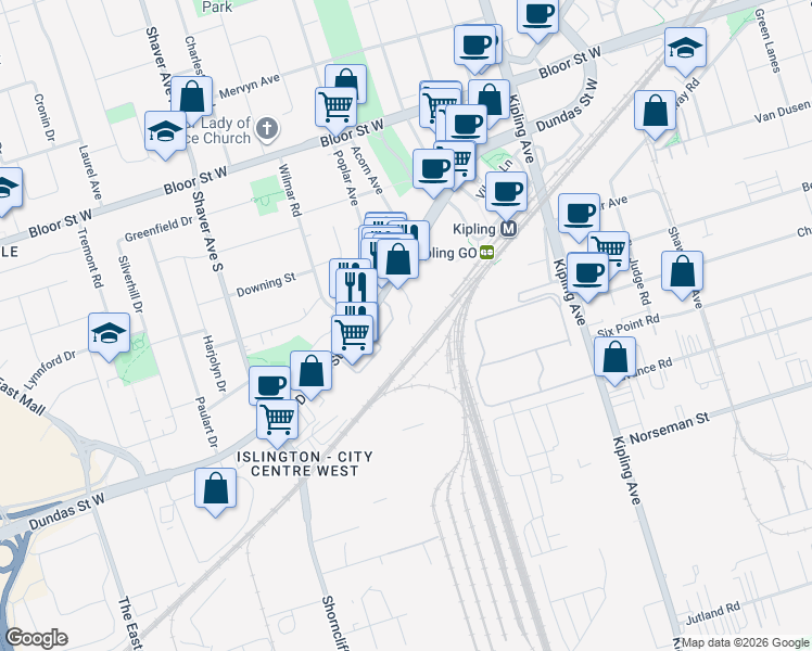 map of restaurants, bars, coffee shops, grocery stores, and more near 101 Subway Crescent in Toronto