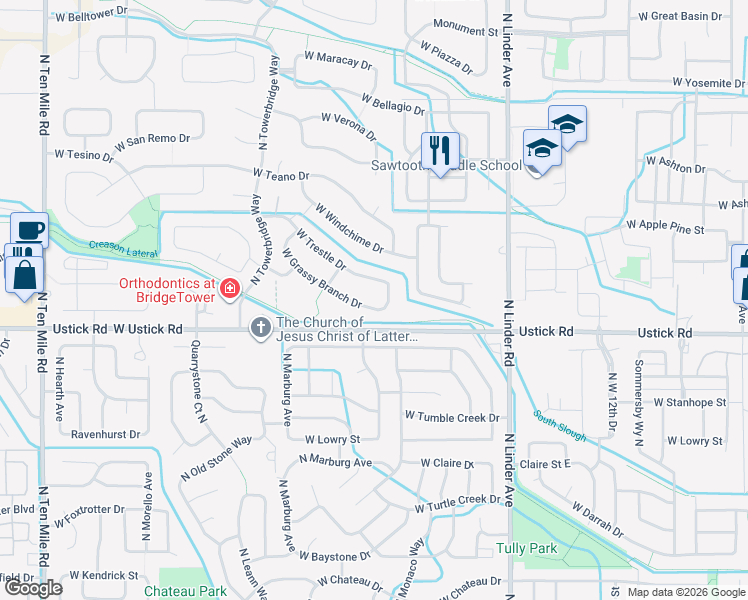 map of restaurants, bars, coffee shops, grocery stores, and more near 2042 West Grassy Branch Drive in Meridian