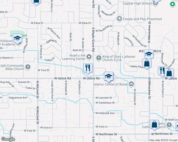 map of restaurants, bars, coffee shops, grocery stores, and more near 9080 West Toni Street in Boise