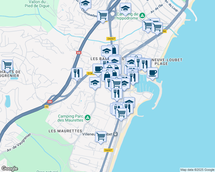 map of restaurants, bars, coffee shops, grocery stores, and more near 1614 Route Nationale 7 in Villeneuve-Loubet
