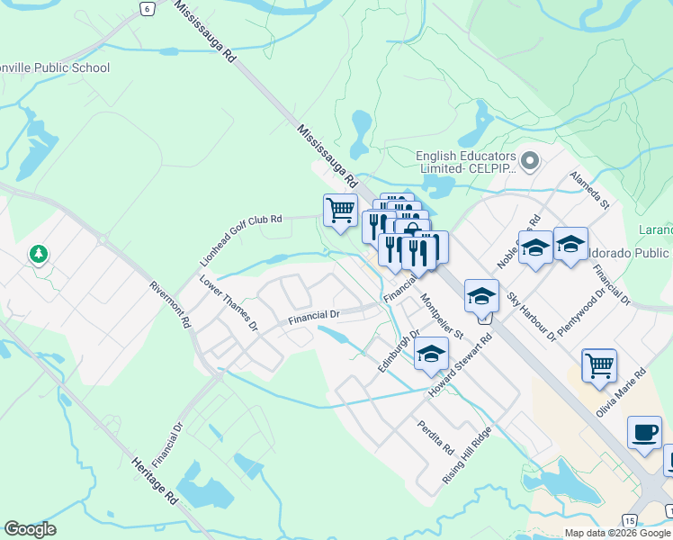 map of restaurants, bars, coffee shops, grocery stores, and more near 29 Provost Trail in Brampton