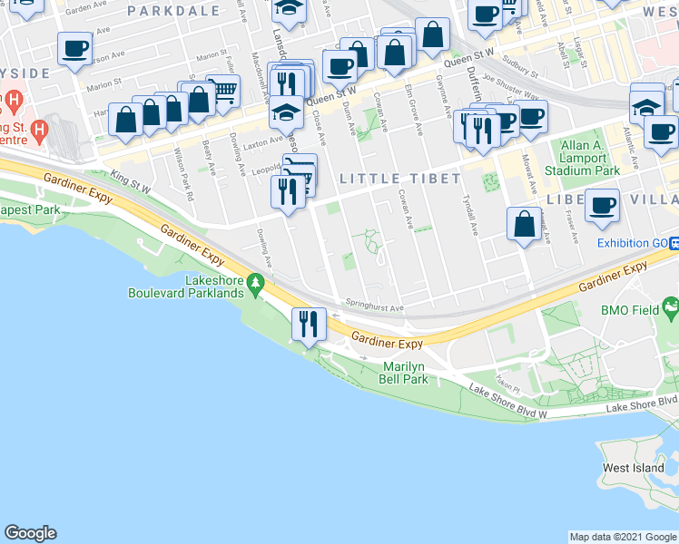 map of restaurants, bars, coffee shops, grocery stores, and more near 87 Jameson Avenue in Toronto