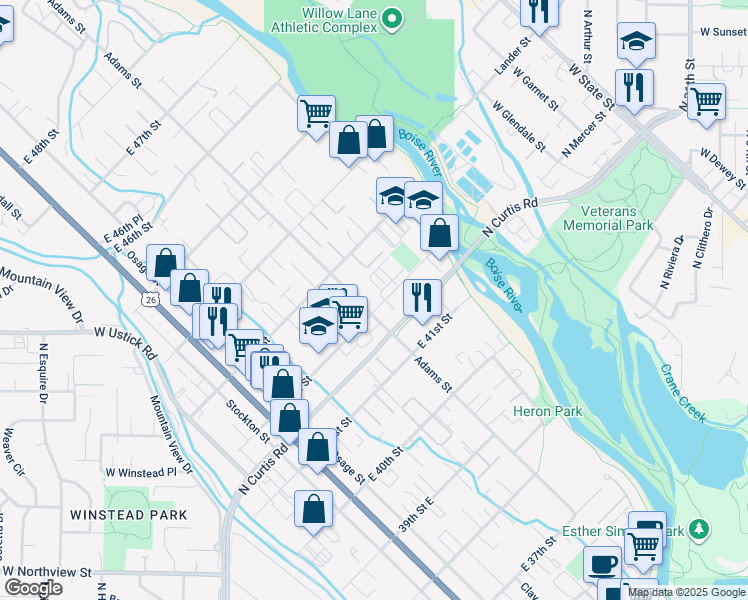 map of restaurants, bars, coffee shops, grocery stores, and more near 421 E Trackstand Ln in Garden City