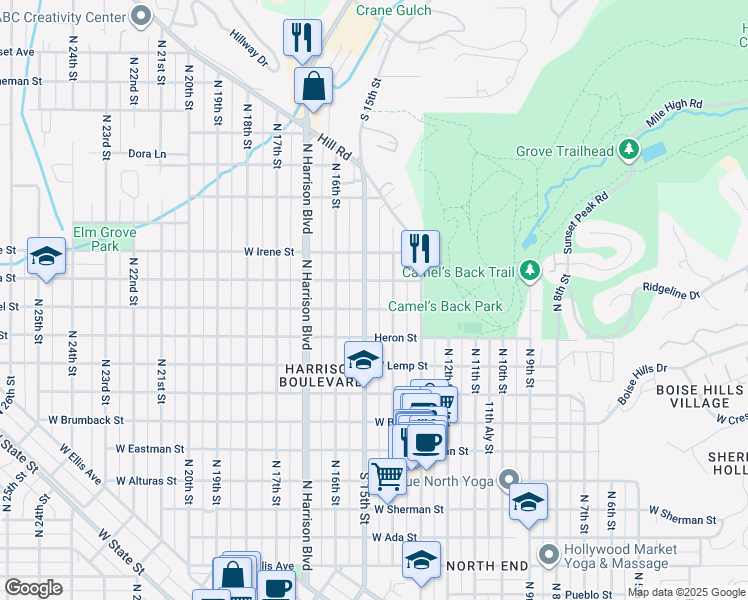 map of restaurants, bars, coffee shops, grocery stores, and more near 2015 North 14th Street in Boise