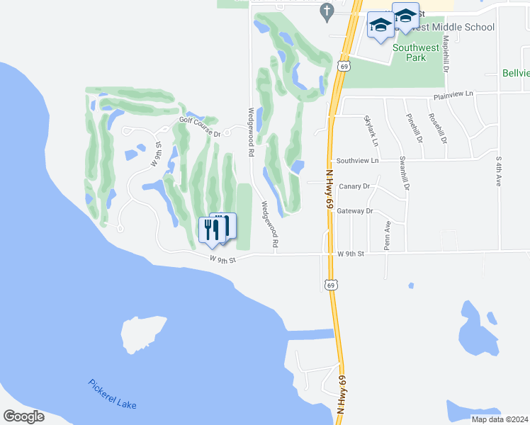 map of restaurants, bars, coffee shops, grocery stores, and more near 14-14 Wedgewood Road in Albert Lea