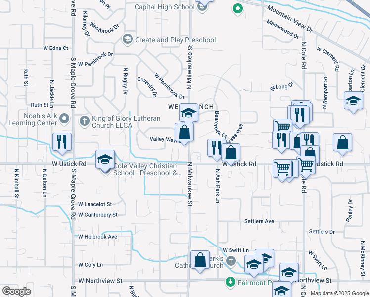 map of restaurants, bars, coffee shops, grocery stores, and more near 3293 North Milwaukee Street in Boise