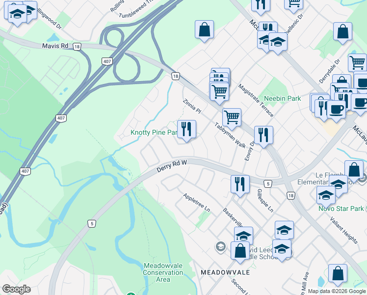 map of restaurants, bars, coffee shops, grocery stores, and more near 854 Knotty Pine Grove in Mississauga