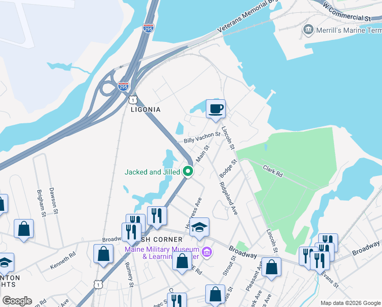 map of restaurants, bars, coffee shops, grocery stores, and more near 11 Gately Street in South Portland