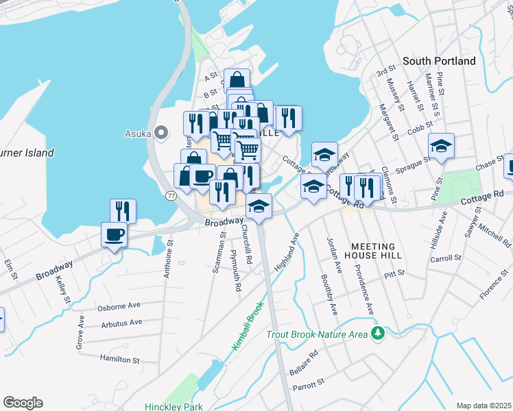 map of restaurants, bars, coffee shops, grocery stores, and more near 225 Ocean Street in South Portland