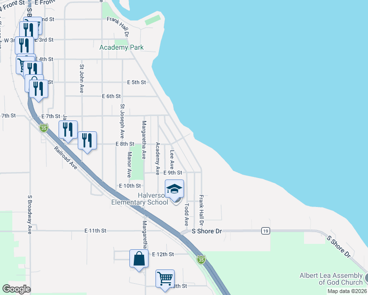 map of restaurants, bars, coffee shops, grocery stores, and more near 1408 Frank Hall Drive in Albert Lea