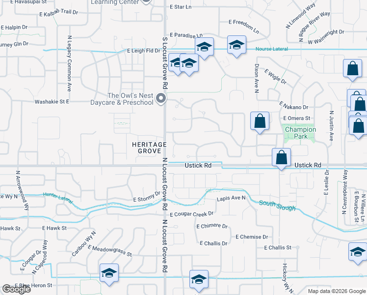 map of restaurants, bars, coffee shops, grocery stores, and more near 1737 East Summerfalls Drive in Meridian