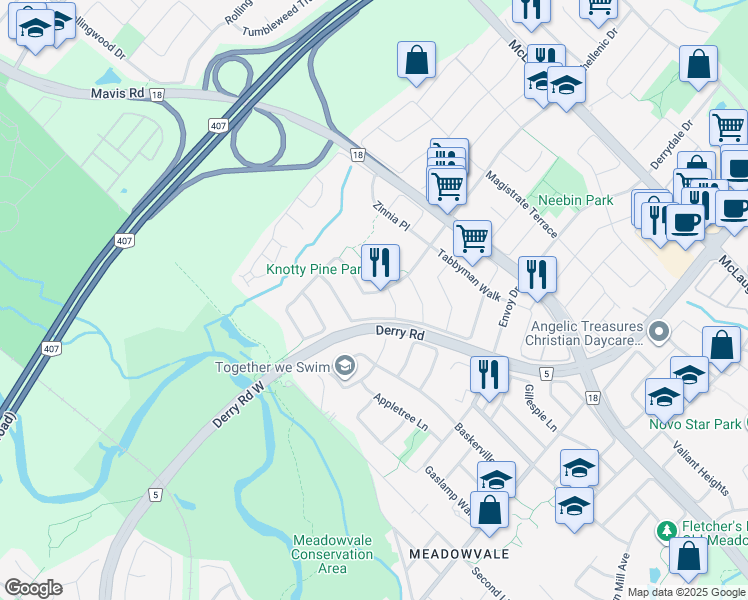 map of restaurants, bars, coffee shops, grocery stores, and more near 854 Knotty Pine Grove in Mississauga