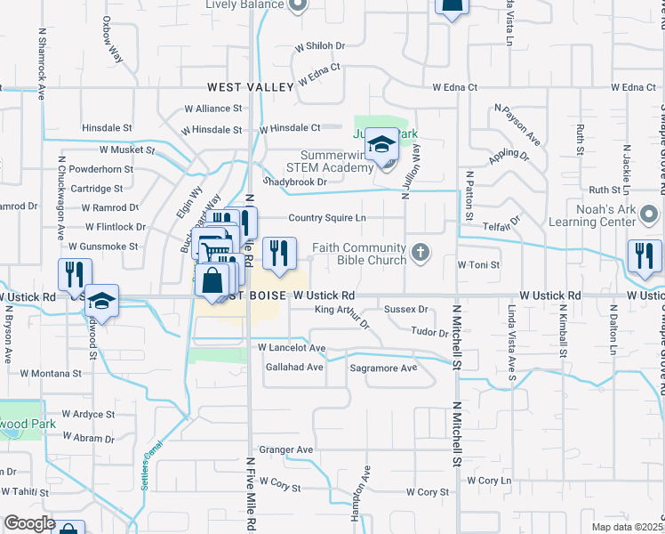 map of restaurants, bars, coffee shops, grocery stores, and more near 10261 West Milclay Street in Boise
