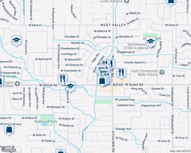 map of restaurants, bars, coffee shops, grocery stores, and more near 3300 Buckboard Way in Boise