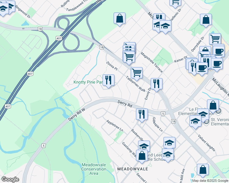 map of restaurants, bars, coffee shops, grocery stores, and more near 7209 Aztec Hill in Mississauga
