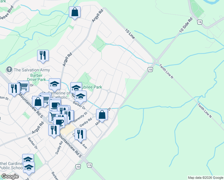 map of restaurants, bars, coffee shops, grocery stores, and more near 44 Hartwell Road in Halton Hills
