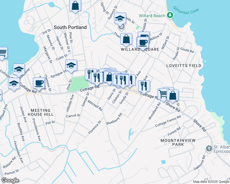 map of restaurants, bars, coffee shops, grocery stores, and more near 52 Davis Street in South Portland