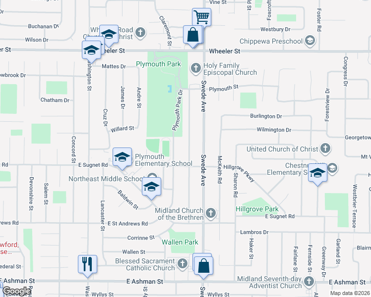 map of restaurants, bars, coffee shops, grocery stores, and more near 4107 Robinhood Terrace in Midland