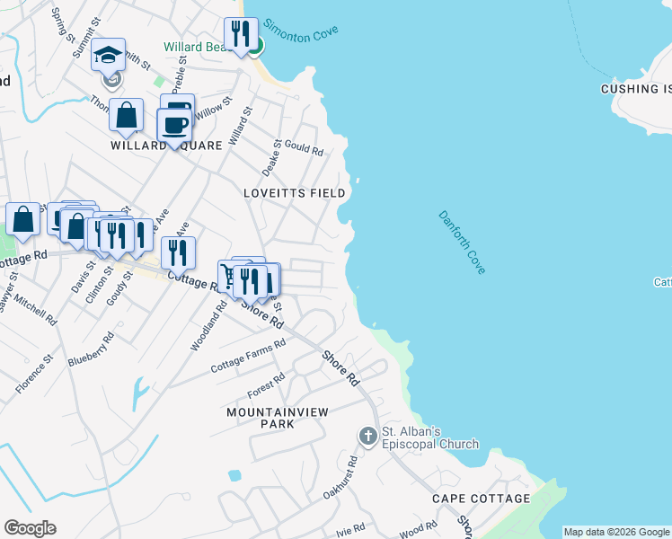 map of restaurants, bars, coffee shops, grocery stores, and more near 2 Ship Channel Road in South Portland