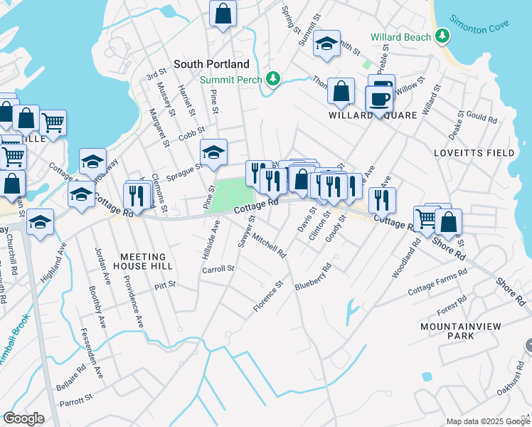 map of restaurants, bars, coffee shops, grocery stores, and more near 15 Homestead Avenue in South Portland