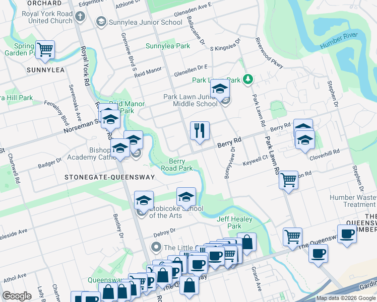 map of restaurants, bars, coffee shops, grocery stores, and more near 246 Berry Road in Toronto