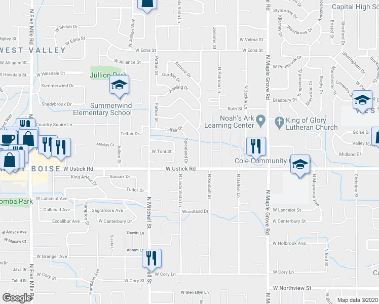 map of restaurants, bars, coffee shops, grocery stores, and more near 3304 Spiceland Drive in Boise