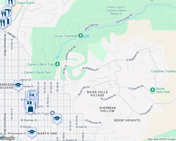 map of restaurants, bars, coffee shops, grocery stores, and more near 461 West Ridgeline Drive in Boise