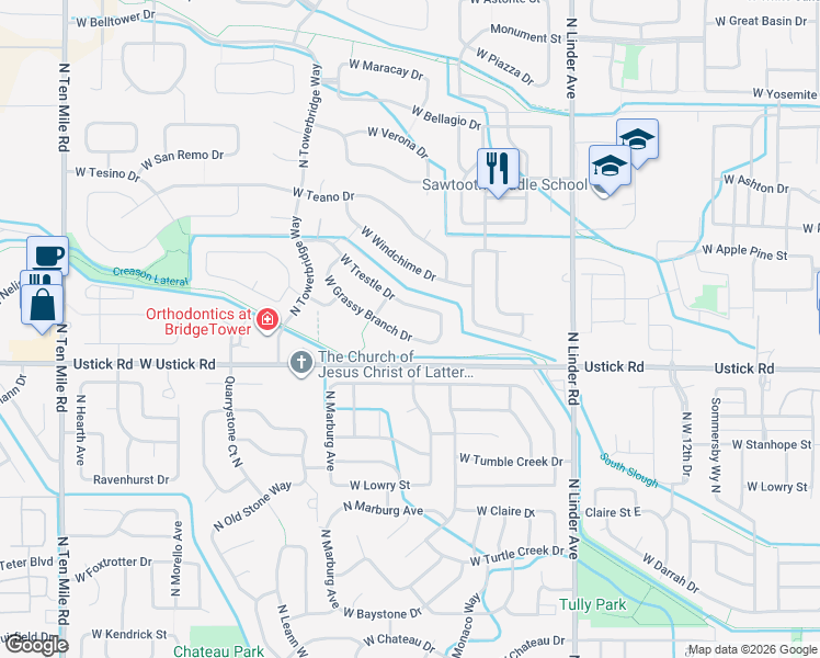 map of restaurants, bars, coffee shops, grocery stores, and more near 2042 West Grassy Branch Drive in Meridian