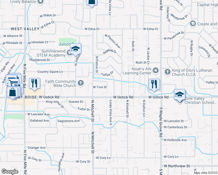 map of restaurants, bars, coffee shops, grocery stores, and more near 3304 North Linda Vista Avenue in Boise