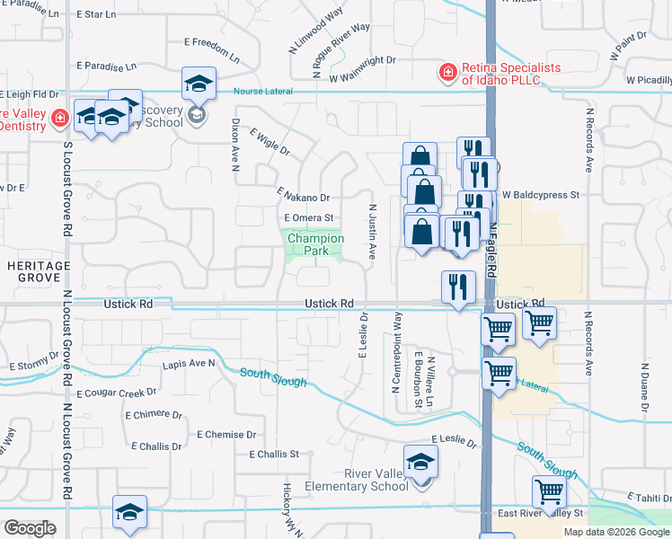map of restaurants, bars, coffee shops, grocery stores, and more near 3338 North Gaviola Avenue in Meridian